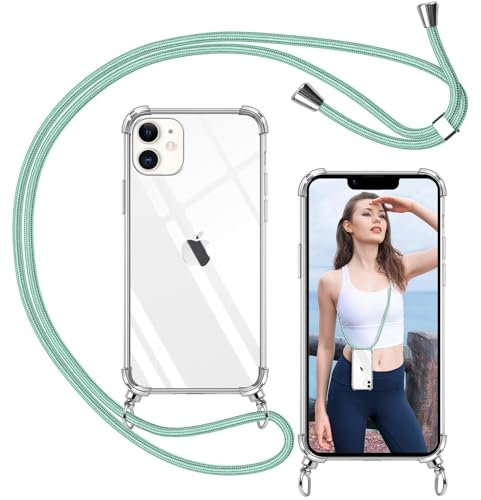 ISOI - Coque avec Cordon Compatible avec iPhone 12, Collier Réglable Téléphone Portable Lanyard Case, Ètuis à Bandoulière Transparente en Silicone TPU Souple avec Airbag Antichoc- Vert