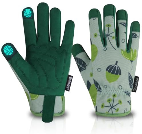 SAWANS Gardening Gloves for Ladies Men and Women Touchscreen Finger Rose Pruning Garden Gloves Breathable Comfortable Microfiber Leather Gardening Gifts for Yard Camping (Green, L (Pack of 1))