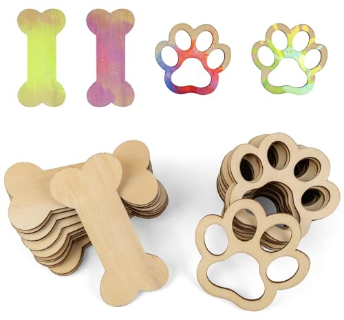 ANNASAMDO 30 Stück Natur Holzscheiben, Unbehandeltes Holz Blanko Hundeknochen Hundepfote Form Unfertiges Holzschilder zum DIY Basteln Malen Hochzeits Ostern Party Weihnachten Hängende Dekoration