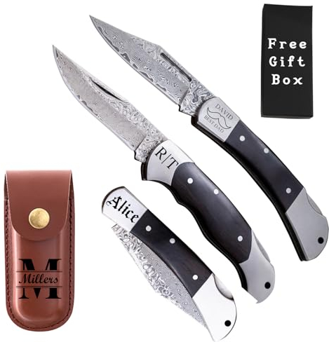 Personalisiertes Klappmesser aus Damaszenerstahl, Taschenmesser mit individueller Namensgravur und PU-Lederscheide, Griff aus Ebenholz, geeignet für Camping, Outdoor, Jagd, Reisen, personalisiertes Ge