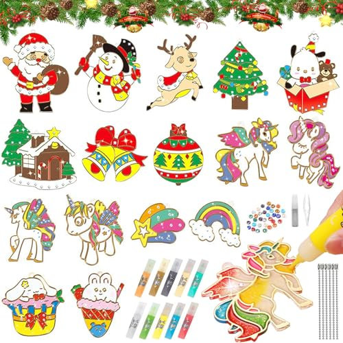 QUANMAITONG Kristallklebemalerei Weihnachtlich DIY Set, Bastelset Weihnachten für Kinder, 16 Stücke Window Color Weihnachtsbasteln Set, Crystal Paint Arts Weihnachts Bastelset