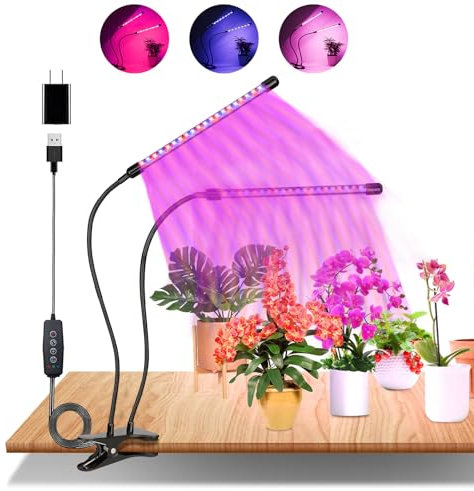 zixunix Pflanzenlampe LED Vollspektrum, 2 Köpfe 60 LEDs Grow Lampe, 3000k/5000k/660nm Pflanzenlicht mit Zeitschaltuhr, 360 ° Verstellbare, USB Adapter