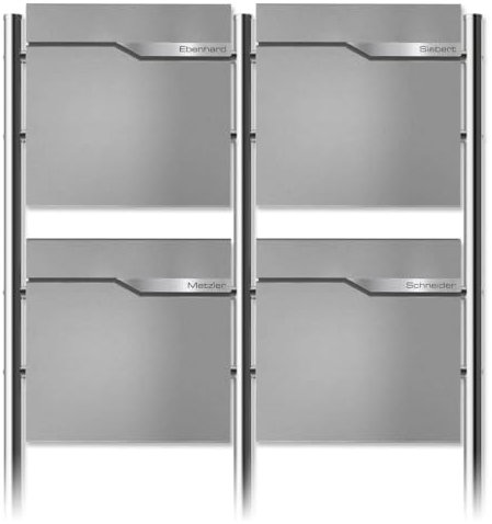 Metzler 4er Standbriefkasten in Graualuminium - Pulverbeschichtet & mit Zeitungsfach - Inkl. Edelstahl Standfuß & Namensschild - Personalisierbar - Standbriefkasten für 4 Perteien Freistehend