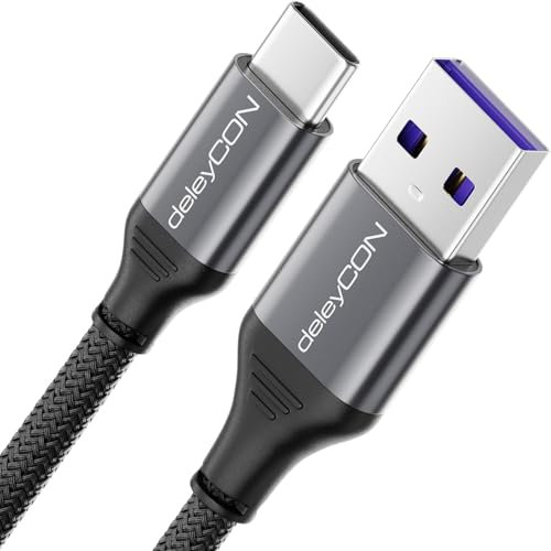 deleyCON 2m Cavo USB C Cavo di Ricarica 5A (Super Fast Charge - Ricarica Veloce) USB-A a USB-C per iPhone 16 15 Pro Max Samsung Galaxy S25 S24 S23 Pixel iPad Pro MacBook Air Tablet Switch PS5 ecc.