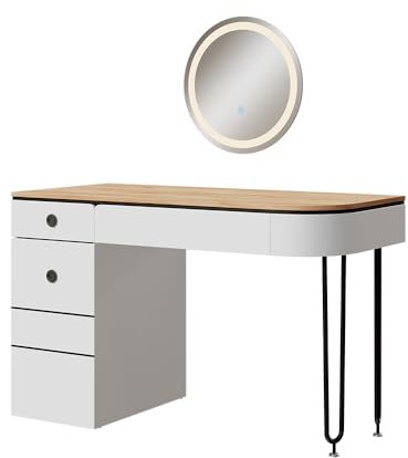 Vicco Schminktisch Mia, Kosmetiktisch mit Spiegel, Weiß/Naturholz, 120 cm mit LED-Spiegel