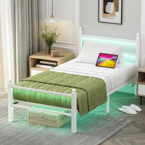 Jenmit Twin Size Bed Frames with Charging Ports&LED Lights,Heavy Duty Metal Slats Support,No Box Spring Needed,Noise Free,No Squeak,Easy Assembly,for Girls Kids,White