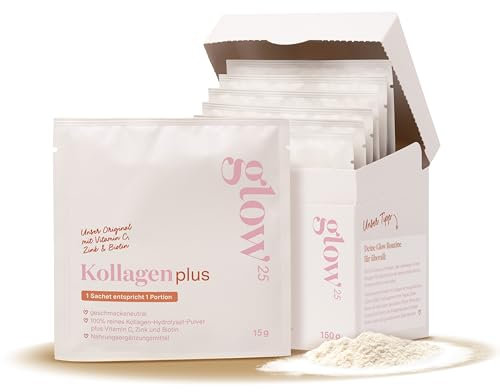 Glow25® Collagen Plus Sachets [10 Stück] - Kollagen Hydrolysat mit Vitamin C, Zink und Biotin - Peptide Typ 1 und 3 - Gute Löslichkeit
