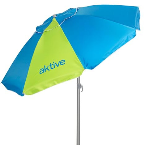 AKTIVE Sombrilla playa 200 cm, 8 varillas fibra de vidrio, Mástil aluminio 28/32 mm, Protección UV50+, Sistema inclinable, Ventilación superior, Funda transporte (62438)