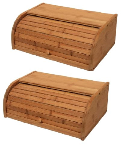 Bread Bins For Kitchen, Wooden Dessert Box, Roll Top Bread Bin, Large Capacity Countertop Storage Box, Bamboo Corner Bread Bin (2xBrown)