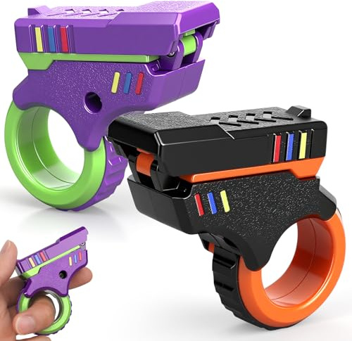 3D Printed Fidget Gun Slider Ring Toy Finger Clicker Hand Roller Sensory Fingertip Pistol Textured Spinner Flip for Stress Anxiety Pressure Relief Stocking Stuffer Gift (Orange/Purple, Plastic)