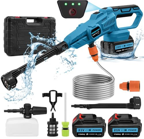 Dibaful Nettoyeur à Pression sans Fil 6 en 1 avec 2 * 3.0Ah Batterie, Nettoyeur Haute Pression Portable 21V 120 Bar/3.4GPM, 3 Vitesses, Buse, 5m Tuyau, Chargeur pour Voiture, Jardin, Arrosage