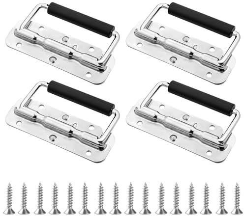 UESDU 4 Stück Klappgriff, Gefedert Kistengriff mit 16 Schrauben Edelstahl Tragegriff 110mm Klappgriffe mit Gummigriff für Kisten, Toolbox, Tür, Aufbewahrungsbox (Silber)