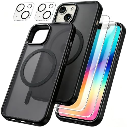 Czyoa Coque Magnétique pour iPhone 14 avec 2 Pièces Verre Trempé Protection Écran + 2 Protections pour caméras, Anti-Rayures, Anti-Dérapante, Etui de Noir TPU Protection iPhone 14