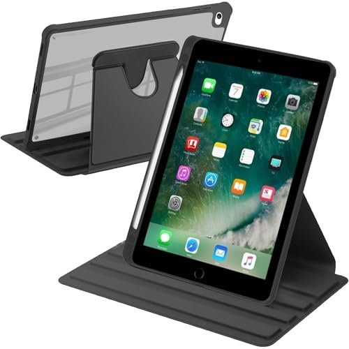 A-BEAUTY Coque Rotative Compatible avec iPad 9,7 Pouces (6ème/5ème Génération, 2018/2017)/iPad Air 2/Air 1, Étui Antichoc Arrière Transparente, Veille/Réveil Automatique, Noir