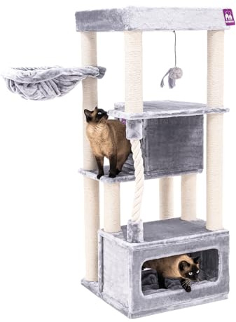 Petrebels Kratzbaum Lodge 150 cm hoch, mit XL Sofa, Hängematte und Katzen-Spielseil, Kratzbaum für mehrere Katzen, Farbe Grau