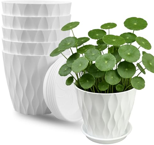 TEYIAN 10cm/4-in Plant Pots Indoor 6 Pack Plastic Flower Pots with Drainage Holes and Saucers Modern Decorative Planters Succulent Indoor Outdoor Plants(White)