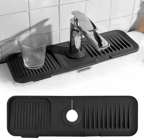 MFUSUL Silikon Wasserhahn Matte Schwarz 61cm, Wasserhahn Spritzschutz für Küche & Badezimmer, Abtropfmatte Wasserfänger zum Schutz von Arbeitsplatten, Flexible Silikonmatte für Spülbeckenarmaturen