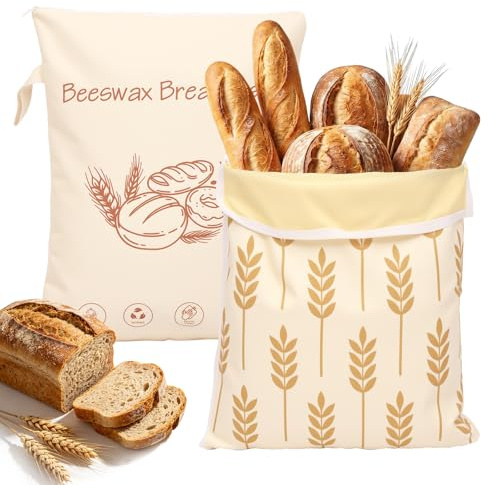 2 Stück Bienenwachs Brotbeutel Groß 42x33cm Brotbeutel Bienenwachs L-förmig Reißverschluss Griff Bienenwachsbeutel für Brot Wiederverwendbar Natürliche Erhaltung zur Sauerteigbrot Obst (Weizen)