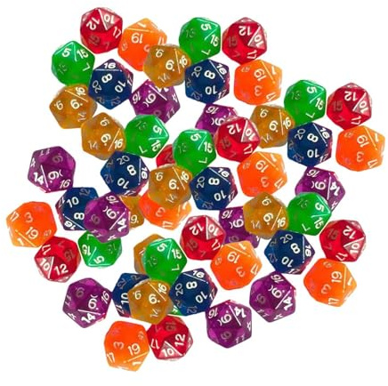 QLECXZI Set di dadi poliedrici D20 a 20 facce, include 60 dadi acrilici resistenti per giochi da tavolo e avventure da tavolo, assortimento di da 20 mm, cubo
