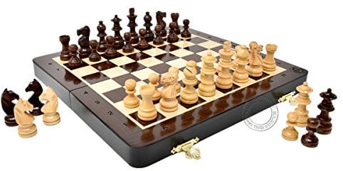 House of Chess - 10 Inch Wooden Magnetic Folding Travel Chess Set/Board with 2 Extra Knights, 2 Extra Pawns, 2 Extra Queens and Algebraic Notation - Handmade - Premium Quality