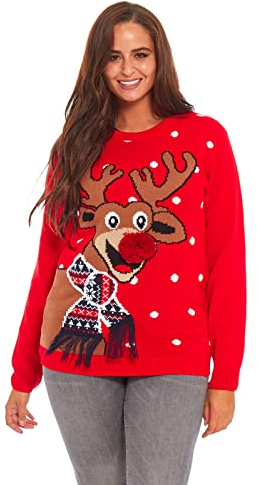 Damen Weihnachtspullover Lustig Unisex Hässliche Pulli Strickpullover Ugly Weihnachtspulli mit weihnachtlichen Motiven für Damen Herren Weihnachtsparty, M, Rote Nase Pom Pom-rot