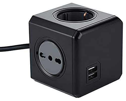 Electraline 62099 Multipresa Cubo Powercube 4 Posti con 2 USB 2.1A, 2 Schuko + Spina Italiana, 2 Bivalenti 10/16 Italiane, Colore Nero, Cavo 1.5M