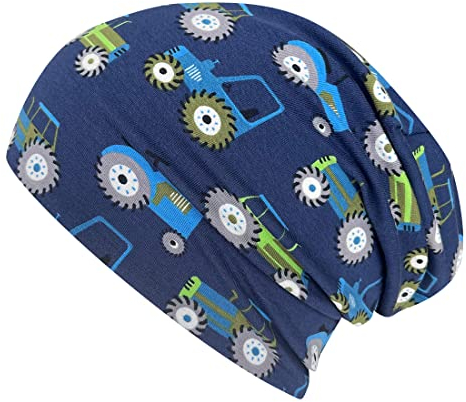 Wollhuhn ÖKO Jungen/Mädchen Long Beanie/Beanie/Strickmütze/Kinder-Mütze Baumwolljersey Gefüttert Übergangszeiten Aus Deutschland (Öko-Stoffe/Bio) (LB Traktor/Trecker Dunkelblau, M)