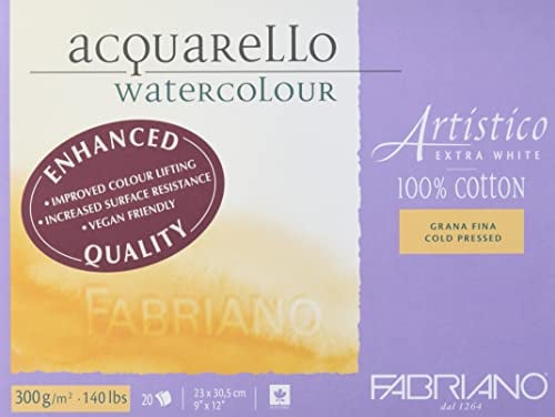 Honsell Fabriano Artistico Acquarello 19312330 Peinture aquarelle extra blanche, grain fin pressé, 23 x 30,5 cm, 20 feuilles 300 g/m², carton aquarelle de qualité supérieure, bloc collé sur 4 faces.