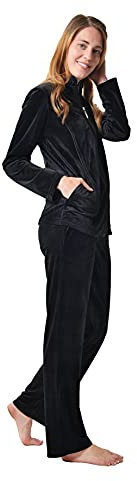 RAIKOU Damen Hausanzug Velours Nicki Freizeitanzug Trainingsanzug Jogginganzug Schlafanzug mit Reißverschluss umschlossen von Satin, Freizeit Zweiteilige Set Oberteil und Hose (Schwarz II,44-46)