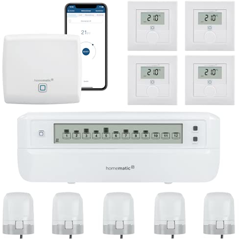 Homematic IP Motorische Fußbodenheizungssteuerung für 4 Räume. Smart Home Set: Access Point, 4 Funk Wandthermostate, 5 Stellantriebe und 1 Fußbodenheizungsaktor. Mit App und Alexa kompatibel.