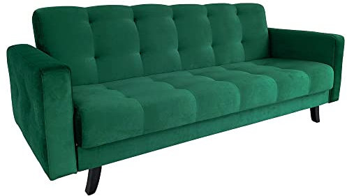 MOEBLO Sofa mit Schlaffunktion und Bettkasten aus Samt | Couch für Wohnzimmer, Schlafsofa Wohnlandschaft mit Bettfunktion BONDA - Dunkelgrün