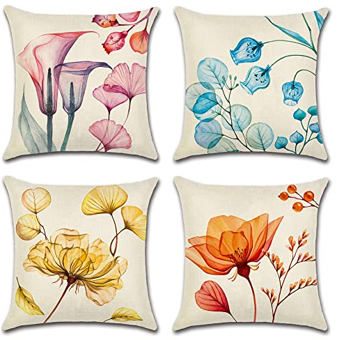 Artscope wasserdichte Kissenbezugen, 4er Set Rosa Blau Gelb Orange Blüten Kissenhülle Atmungsaktiv Kissen Fall für Outdoor Balkon Terrasse Patio Garten Bauernhaus Dekor 45x45CM