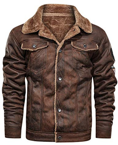 Blouson Blouson Veste de moto imperméable à manches longues vintage chaud militaire hiver mi-saison coupe-vent doublé moto aviateur veste en cuir, marron, XL