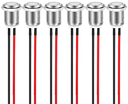 Guuzi 6 Piezas 12mm 2A 12V/24V/125V/250Vca Botón Momentáneo Carcasa De Metal con Precableado, Botón Pulsador Impermeable IP65 (Cabeza Plana)