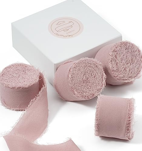 Chiffon Band Seidenband Altrosa, FAKILO 18,3 Meter ChiffonBand 25mm Dünn fransen chiffon seidenband für Hochzeit, Hochzeitsstrauß und Geburtstag Geschenk, Tischdekoration