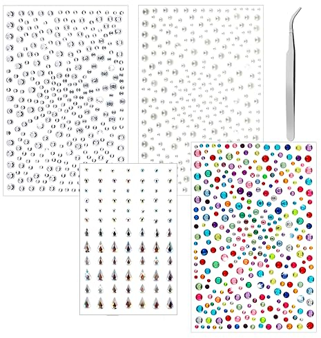 TIESOME Self Adhesive Face Gems, 4 Sheets Face Jewels Pearl Stickers with Tweezer Makeup Pearl Rhinestones Stick On Hair Eye Crystals Tattoos for Women Halloween Party Nail Art DIY