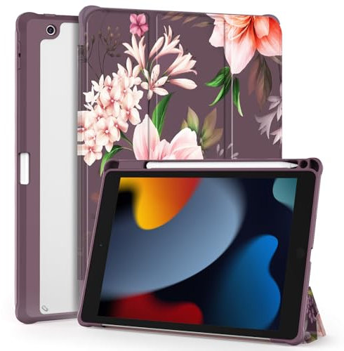 OKP for iPad 9th/ 8th/ 7th Generation Case (2021/2020/2019), iPad 10.2 inch Cases with Trifold Stand, Slim ipad 9/8/7 th gen Cover with Pencil Holder for Women Men, Clear PC Back Shell, Amaryllis