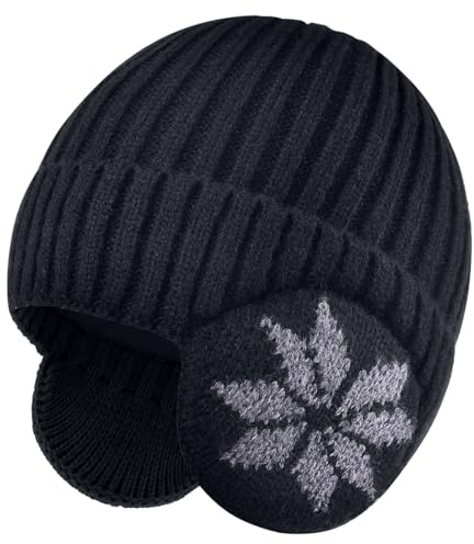 LCZTN FASHION Gorro unisex de invierno para niños de 3 a 12 años, forro polar cálido con orejeras para niños y niñas lindos, Negro, Talla única