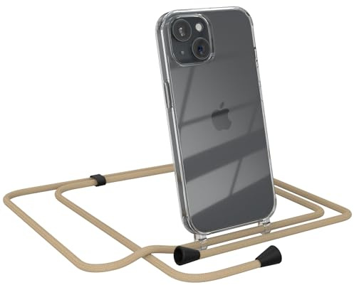 EAZY CASE Handykette kompatibel mit iPhone 15 Handyhülle mit Umhängeband, Handykordel mit Schutzhülle, Silikonhülle, Hülle mit Band, Stylische Kette für Smartphones, Taupe - Clips Schwarz