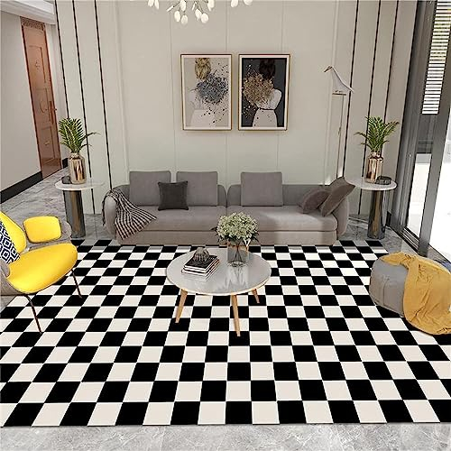 Schwarz-Weiß Kariertes Brett Teppich Kinderteppich Wohnzimmerteppich Schlafzimmerteppich 3D-Gedruckter Superweicher Flanellteppich 100 X 150 cm -Polyester-Soft-Touch,Leicht Zu Reinigen -1M0W/L3