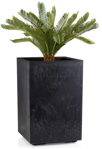 HowHomely Blumentopf Schwarz 59 x 40 x 40 cm Pflanzkübel Groß Außen - Pflanzkasten auf Rollen mit Abflussstopfen - Pflanzkübel Rechteckig Betonoptik für Garten und Terrasse