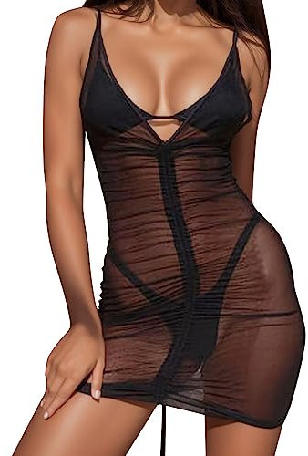 Robe Transparente Sexy Érotique Club Libertin - Moulante Courte Femme Dos Nu Bretelles Décolleté Col V - Cache Maillot de Bain Plage Nuisette Lingerie (Black, M)