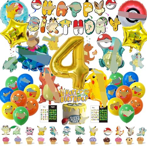 Kinder Geburtstag Party Set, 4 Jahre Geburtstagsdeko, Cake Topper, Banner, Hängende Figuren, Latexballons, Tattoo-Aufkleber, Folienballons, Kindergeburtstag Deko