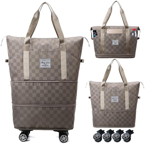 Asnewkit Travel Bag with Wheels,Expandable 55L Duffel Bags for Women,Foldable Rolling Duffle Bag with Wheels,Carry on Luggage,Gift for Men Women Suitcases (Khaki)