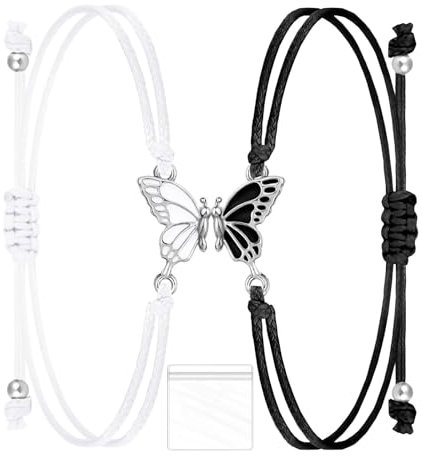 SSKHE Friendship Bracelets, Adjustable Couple Matching Bracelets Relationship Long Distance with Butterfly Pendant Friends Couple Braided Rope Bracelet Gift for Lover Friends Family
