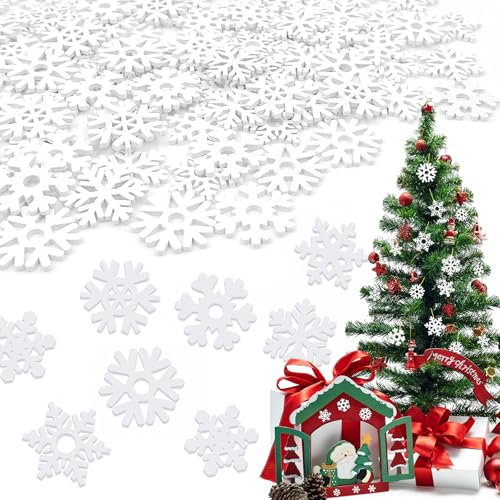 100 Pezzi Fiocchi di Neve Decorativi in Legno, 30mm 35mm Fiocchi di Neve per Albero di Natale Legno, Fiocchi di Neve da Appendere Ornamenti Fiocchi di Neve Decorazioni Natalizie per Albero, Bianco