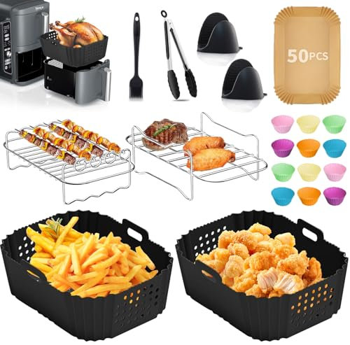 Silicone Moule Air Fryer pour Ninja Double Stack XL Friteuse SL400EU, 21 Pièces Accessoires Air Fryer pour Ninja Foodi SL400EU Dual Zone AF400EU AF300EU 7,5L-9,5L, Moule Air Fryer, Grille Racks etc