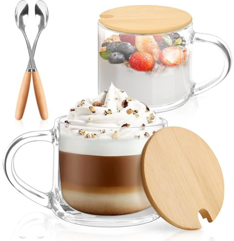Anhow Tazze Cappuccino, 2 Pezzi 350ml Tazzine Caffe Vetro con Coperchio e Cucchiaio per Regalo Compleanno Moglie/Signora