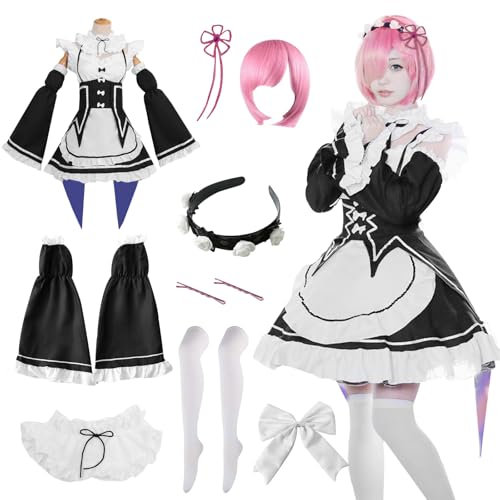 YushengTai Schwarz Weiß Maid Outfit, Cosplay Maid Dress, Klassisches Cosplay Anime Kostüm Maid Kleid mit Rosa Perücke, Faschingskostüm Damen, Weihnachts Halloween Party Karnevals Kostüm, L
