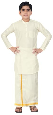 PRAKASAM COTTON Jungen Art Silk Long Sleeve Kurtha with Stitched Faux Silk Dhoti for Boys, cream-coloured, 13-14 Jahre
